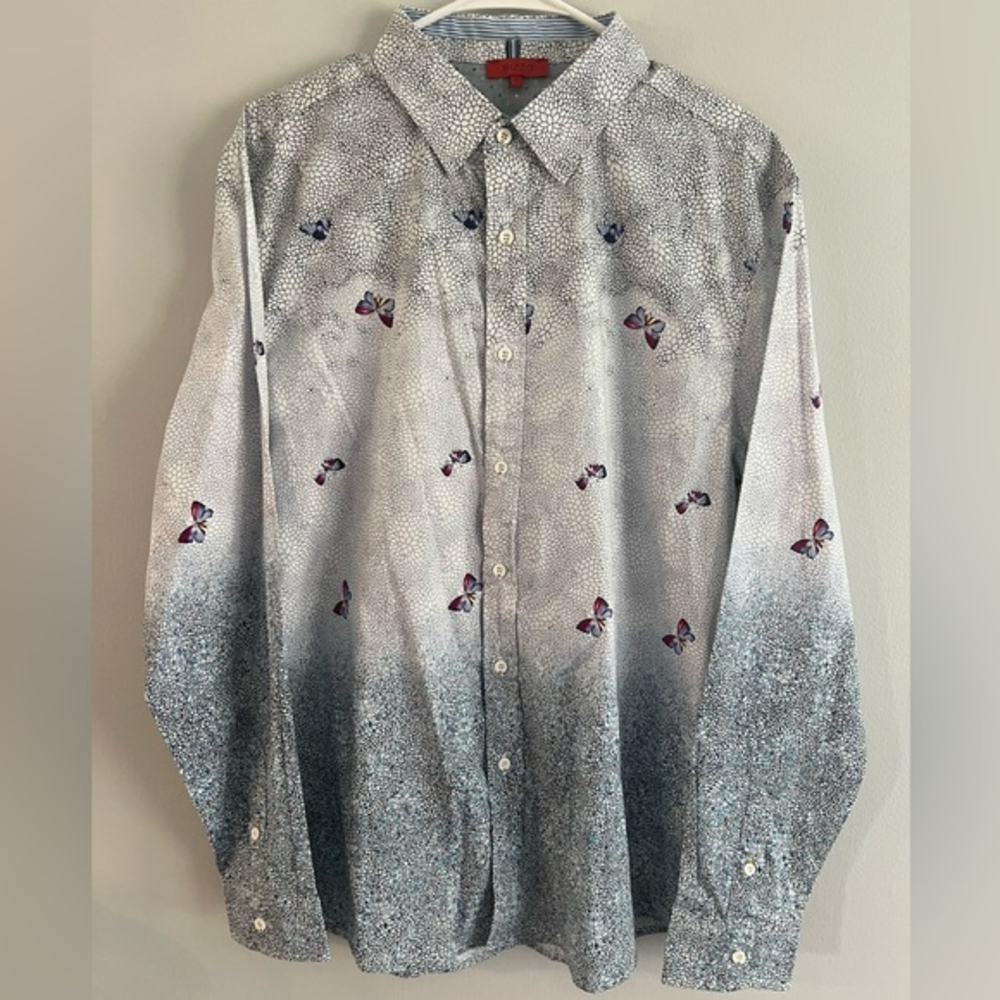 Bizzo Men’s Button Down Casual Shirt Butterfly Graphic ‎ Detail. Size Large